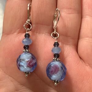 ⭐️2/$10 Venetian Floral Faceted Glass Blue Drop Silver Handcrafted Earrings